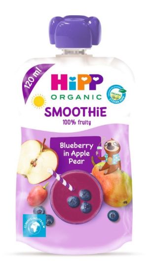 HIPP БИО Плодова закуска SMOOTHIE  ПАУЧ   ябълка и круша с боровинки 12м.+ 120 г.   84002