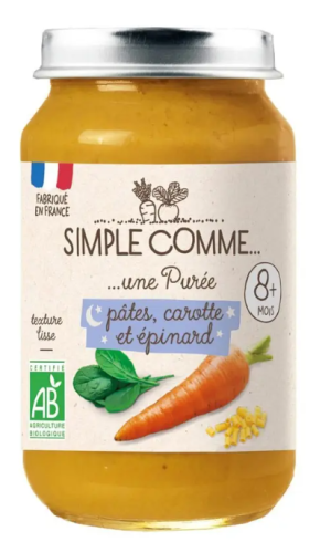 SIMPLE COMME Бебешко  зеленчуково пюре  макарони, морков и спанак 8м+ ,200гр.