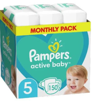 Pampers Active baby -Еднократни пелени,  Размер 5 (11-16кг.), 150  бр./ КАШОН