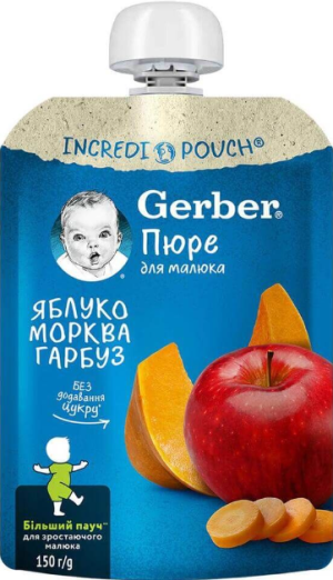  GERBER Плодова закуска ПАУЧ с ябълки, моркови и тиква 6м+ 150 гр.   3333