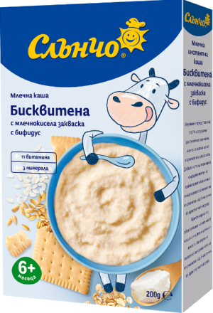 СЛЪНЧО инстантна МЛЕЧНА каша БИСКВИТЕНА С МЛ.КИС.ЗАКВАСКА И БИФИДУС 180г.