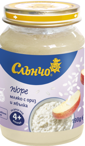 СЛЪНЧО  бебешко пюре готова каша Мляко с ориз и ябълка 4м.+, 190гр. 2439