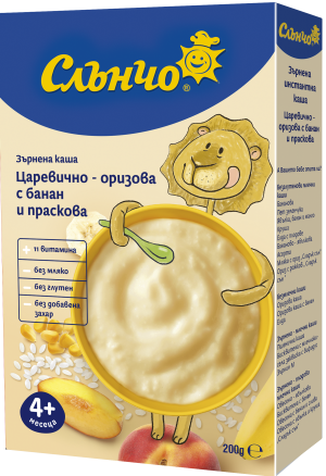 СЛЪНЧО инстантна  БЕЗМЛЕЧНА каша ЦАРЕВИЧНО ОРИЗОВА С БАНАН И ПРАСКОВА 180г