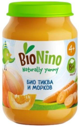 BioNino Био  бебешко зеленчуково пюре Тиква и морков 4м+ 190гр. 2270