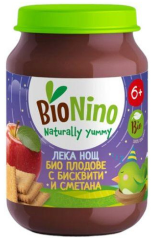 BioNino Био  бебешко пюре Лека нощ плодове с бисквити и сметана 6м+ 190гр. 2492