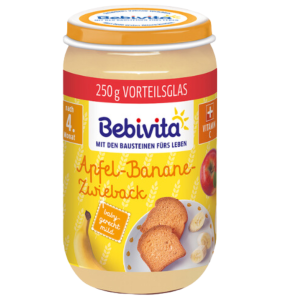 BEBIVITA бебешко пюре Пълнозър.закуска Ябълка, банан, сухар 6м.+250г. 14004