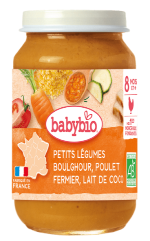 Babybio Био пюре Пилешко месо, Булгур и Кокосово мляко 8м+, 200г