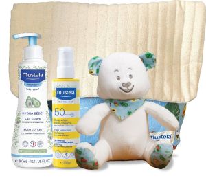 MUSTELA Промо комплект /Слънцезащитен спрей за бебета200мл. SPF50+ Хидратиращ лосион за тяло 300мл.+Детска раничка и плюшено мече/8286