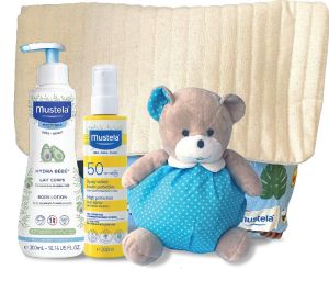 MUSTELA Промо комплект /Слънцезащитен спрей за бебета200мл. SPF50+ Хидратиращ лосион за тяло 300мл.+Детска раничка и плюшено мече/8286