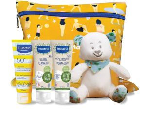 MUSTELA Промо комплект Слънцезащитен лосионSPF5 40мл.+Хидратиращ крем40мл.+ Измиващ гел40мл. +несесер за бански+ мече