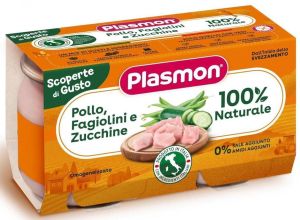 PLASMON Бебешко пюре Ястие Пилешко със зелен фасул и тиквички,6м+, 2 х 120гр.    1282