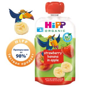 HIPP БИО HIPPIS Плодова закуска ПАУЧ ябълки, ягоди и банан 4м.+ 100г.    8521