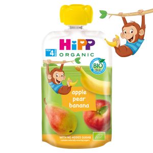 HIPP БИО HIPPIS Плодова закуска ПАУЧ ябълки, круши и банан 4м.+100г.   8520