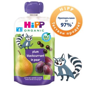 HIPP БИО HIPPIS Плодова закуска ПАУЧ сливи с касис и круши 6м.+ 100г.    8526