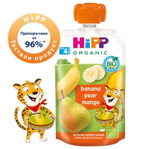 HIPP БИО HIPPIS Плодова закуска ПАУЧ  банан, круша и манго 4М.+ 100г.   8523