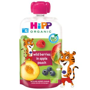 HIPP БИО HIPPIS Плодова закуска ПАУЧ  Гор. плод, ябълка, праскова 4М.+ 100г   8525