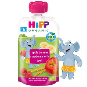 HIPP БИО HiPPiS Плодова закуска ПАУЧ  ябълка, банан, малина с пълнозърнести култури 6м.+100г   8534