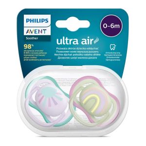 Philips AVENT Ultra Air ортодонтични залъгалки Ultra Air 0-6м 2бр./лилави с декорация Слънце и Дъга/ 0524.008