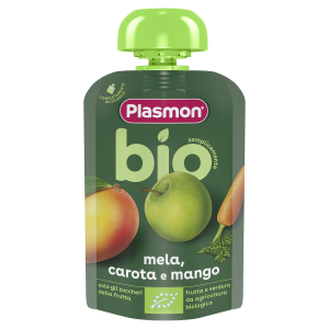 PLASMON БИО Плодова закуска ПАУЧ ябълка,морков,манго, 6+м 100г.   0810