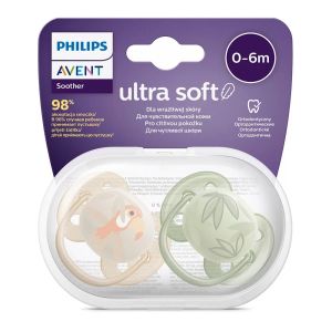 Philips AVENT  Силиконови  залъгалки 2 бр. 0-6 м. ULTRA SOFT ТУКАН/ЛИСТА 0515.013