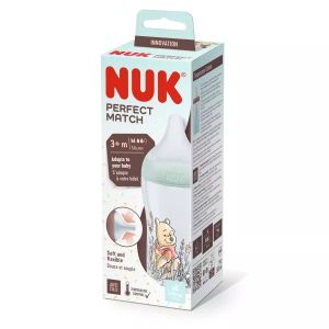 NUK Perfect Match бебешко шише  силик. биб.  M, 3+ мес. ,260мл. декорация Мечо Пух  216.308