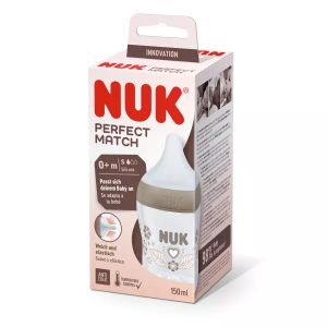 NUK  Perfect Match Бебешко шише силик. биб. S,150мл., 0+мес. декорация сърце  215.014
