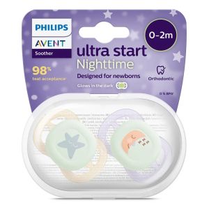 Philips AVENT  Ultra Start 0-2м,. ортодонтични залъгалки за новородени оранжево и лилаво / луна и звезди 0622.001
