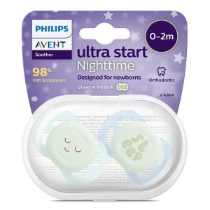 Philips AVENT  Ultra Start 0-2м,. ортодонтични залъгалки за новородени в синьо и зелено с декор Sleep 0625.001