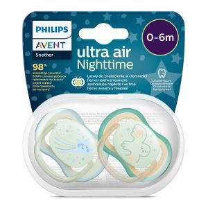 Philips AVENT  Ортодонтични силиконови залъгалки 2 бр. 0-6м  AIR NIGHT ЗВЕЗДА/СОВА 0519.10