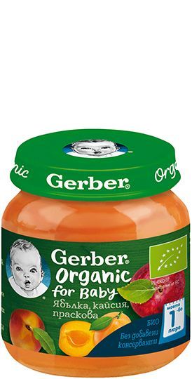 GERBER ORGANIC бебешко пюре Ябълка, кайсия и праскова  6м+. 125 г.  7517