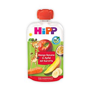 HIPP  БИО Плодова закуска ПАУЧ Манго, Банан, Ябълка и Морков,  100гр.  42534