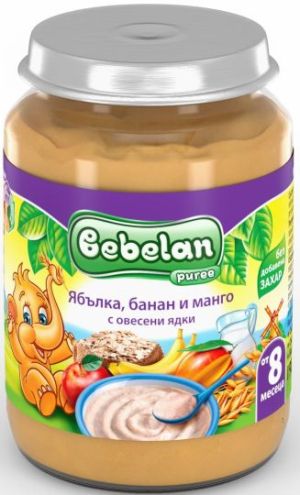  BEBELAN PUREE Млечна каша Яб, Банан, Манго с мляко и овес. ядки 8+м 190г.  4404