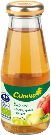 СЛЪНЧО  БИО бебешки сок Ябълка, Круша и Грозде 200мл. 4525