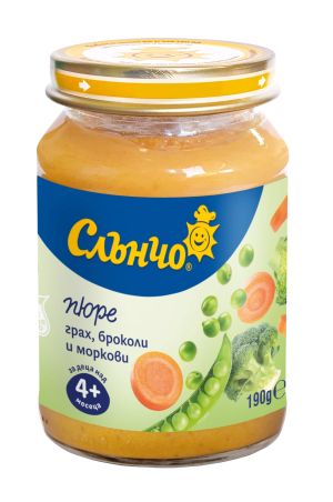 СЛЪНЧО бебешко зеленчуково пюре грах, броколи и моркови  4м.+,190гр.    2484
