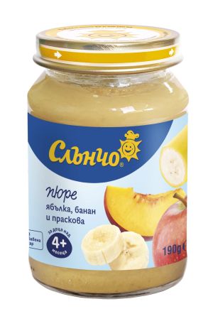 СЛЪНЧО  бебешко плодово пюре ябълка,банан и праскова 4м.+ 190гр.   4099