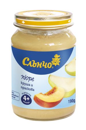 СЛЪНЧО  бебешко плодово  пюре круша и праскова 4м.+,190гр.    2750