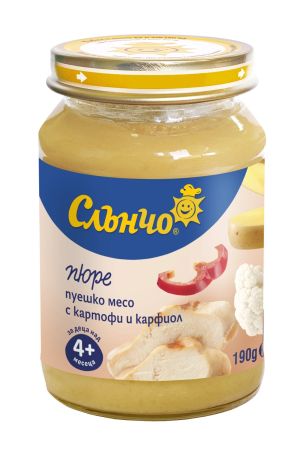 СЛЪНЧО бебешко пюре пуешко с картофи и карфиол  6м.+,190гр. 2569