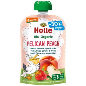 HOLLE БИО плодова закуска ПАУЧ праскова, ябълка, ягода и овесени ядки 100г.6м+