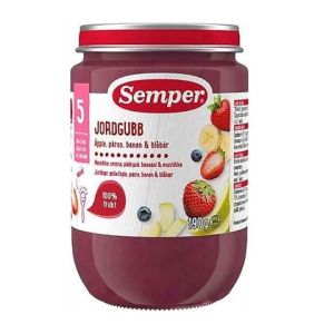 SEMPER  бебешко пюре Ягода , ябълка, круша, банан и боровинка, 100% плод, 5м, 190 гр. 9834