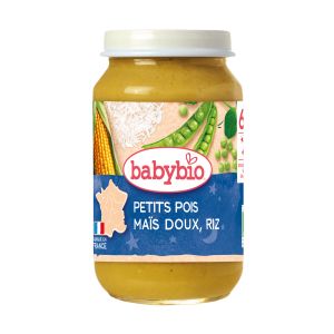 BABYBIO БИО бебешко зеленчуково пюре Грах, Царевица и Ориз 6+м. 200гр.