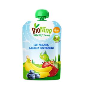BioNino БИО плодова закуска ПАУЧ с ябълка, банан и боровинки 4 м+ 90гр. 2553.