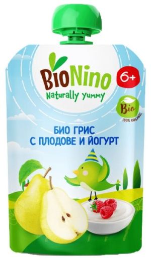 BioNino БИО плодова закуска ПАУЧ с царевич.грис, плодове и йогурт, 6 м+ 90гр. 2591