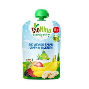 BioNino БИО плодова закуска  ПАУЧ с ябълки, банан, сливи и бисквити 6м+ 90гр. 2614