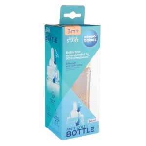 CANPOL   Шише против колики с широко гърло 3м+,240 мл.EASY START  MOUNTAINS код 35/243 зелено/бежово