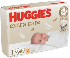 HUGGIES EXTRA CARE Бебешки еднократни пелени, Размер 1 (2-5 кг)  50 бр./пак.