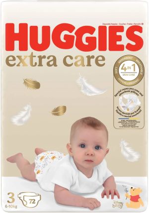  HUGGIES EXTRA CARE – Бебешки еднократни пелени, Размер 3 (6–10 кг), 72 бр/пак.