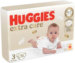  HUGGIES EXTRA CARE – Бебешки еднократни пелени, Размер 3 (6–10 кг), 72 бр/пак.