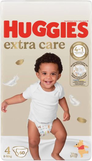 HUGGIES EXTRA CARE -Бебешки еднократни пелени, размер 4 (8-16 кг), 60 бр./пак.