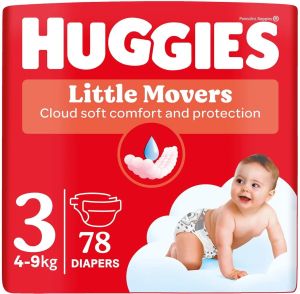 HUGGIES Little Movers-  Бебешки еднократни пелени,Размер  3 (4-9 кг),78 бр./пак.
