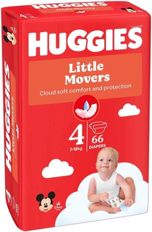 HUGGIES Little Movers- Бебешки еднократни пелени,Размер   4 (7-18 кг),66 бр./пак.